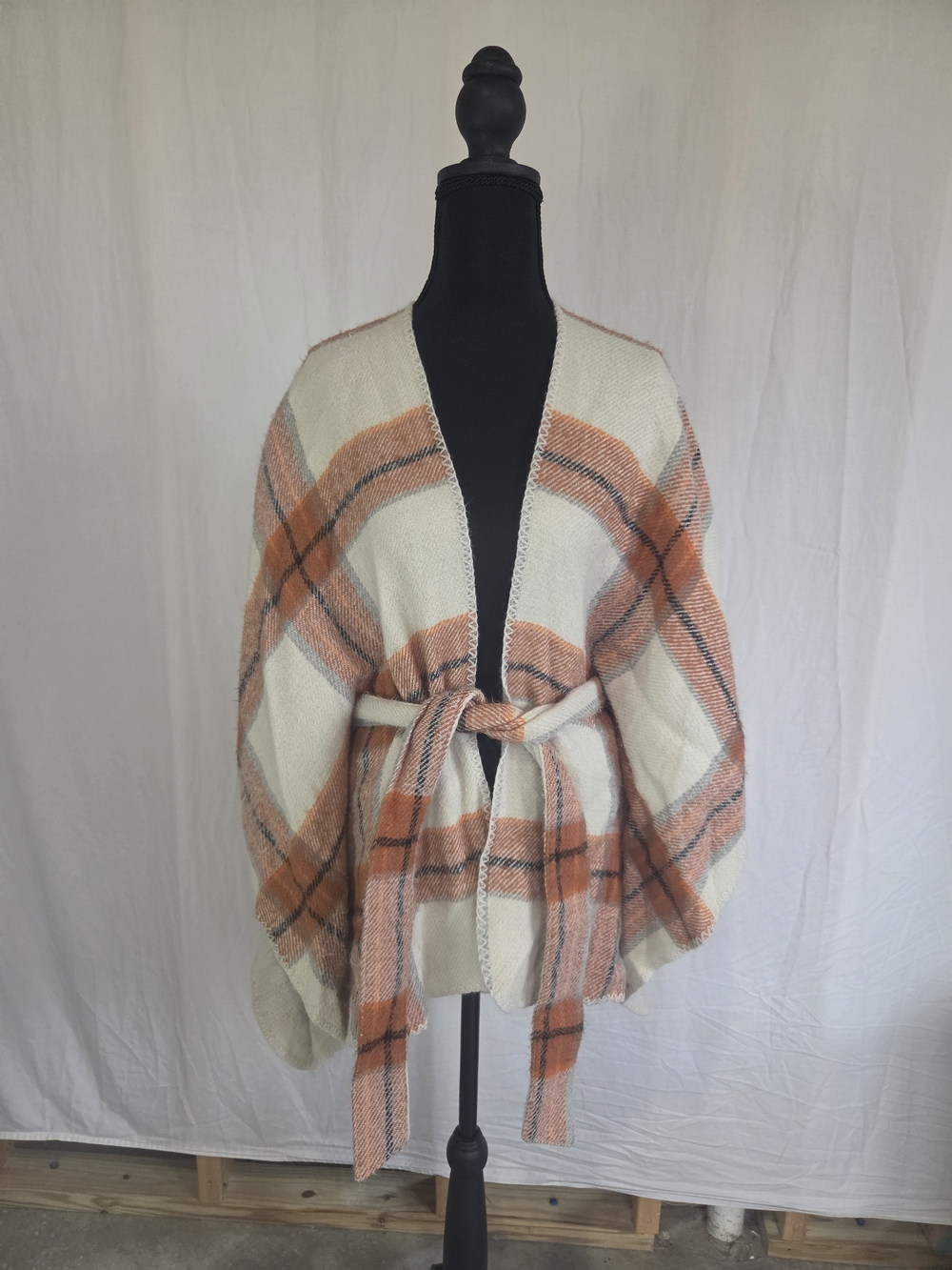 Cozy Cream & Orange Plaid Tie-Waist Women's Sweater